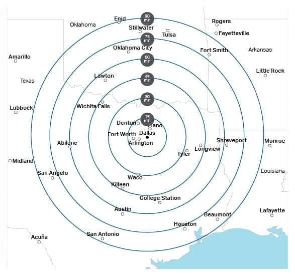 Bell 429のダラスにおける飛行距離と所要時間