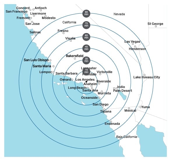Bell 429のロサンゼルスにおける飛行距離と所要時間